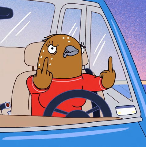 Bertie from Tuca and Bertie flipping someone off in anger